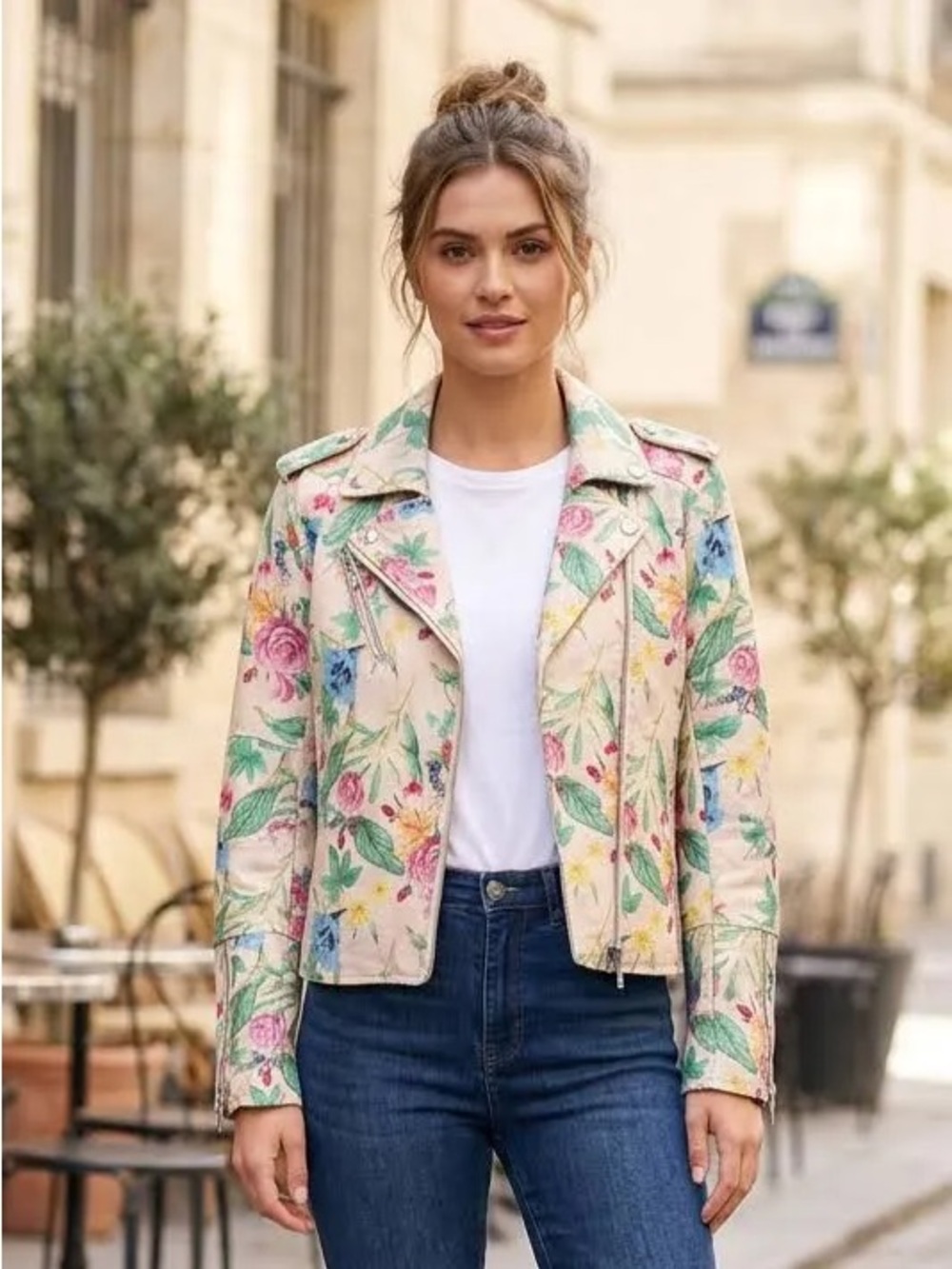Colleen LoFloral Print Cream Moto Jacket - Women's Lightweight Floral Coat